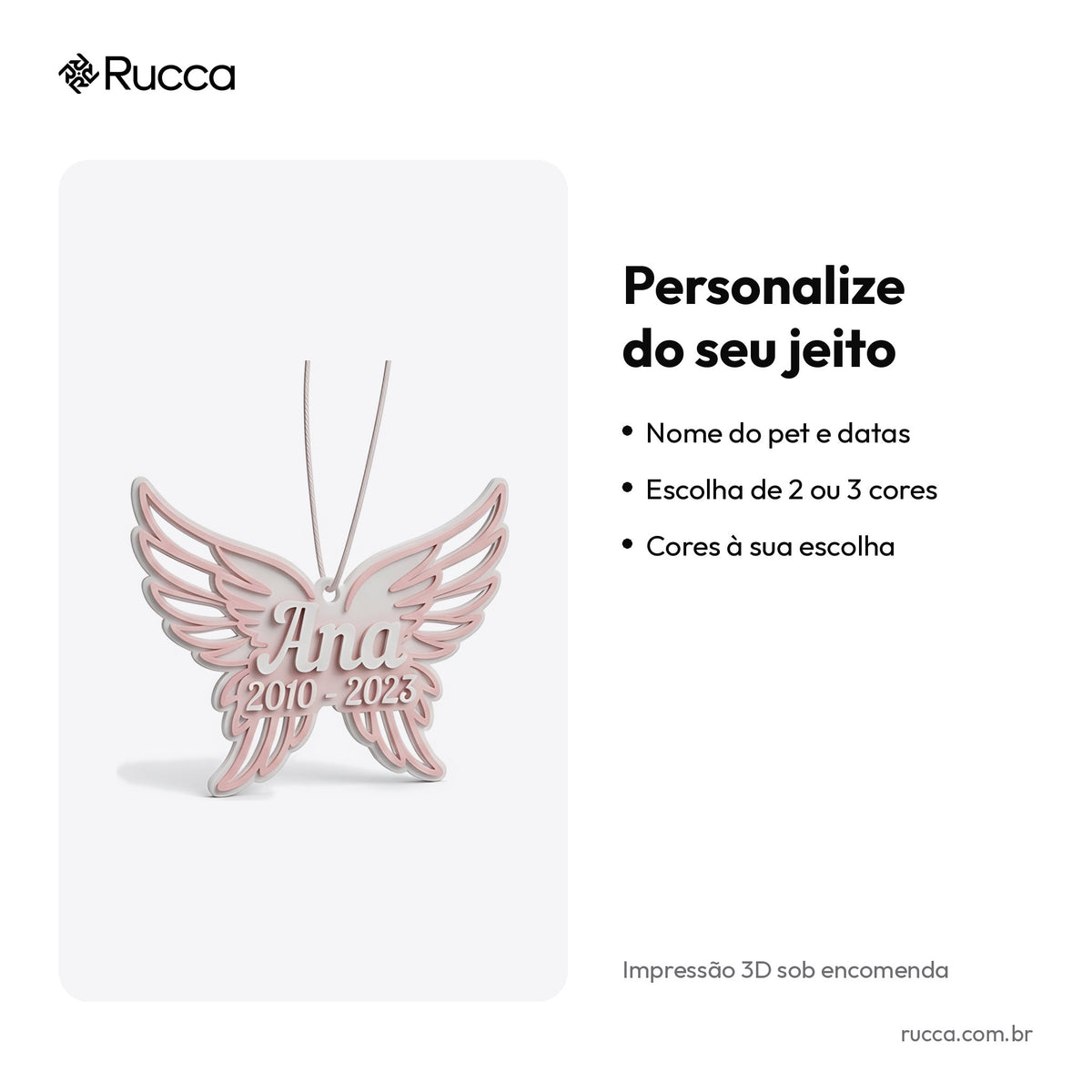 Enfeite memorial do pet com asas de anjo, nome e datas — Rucca 3D