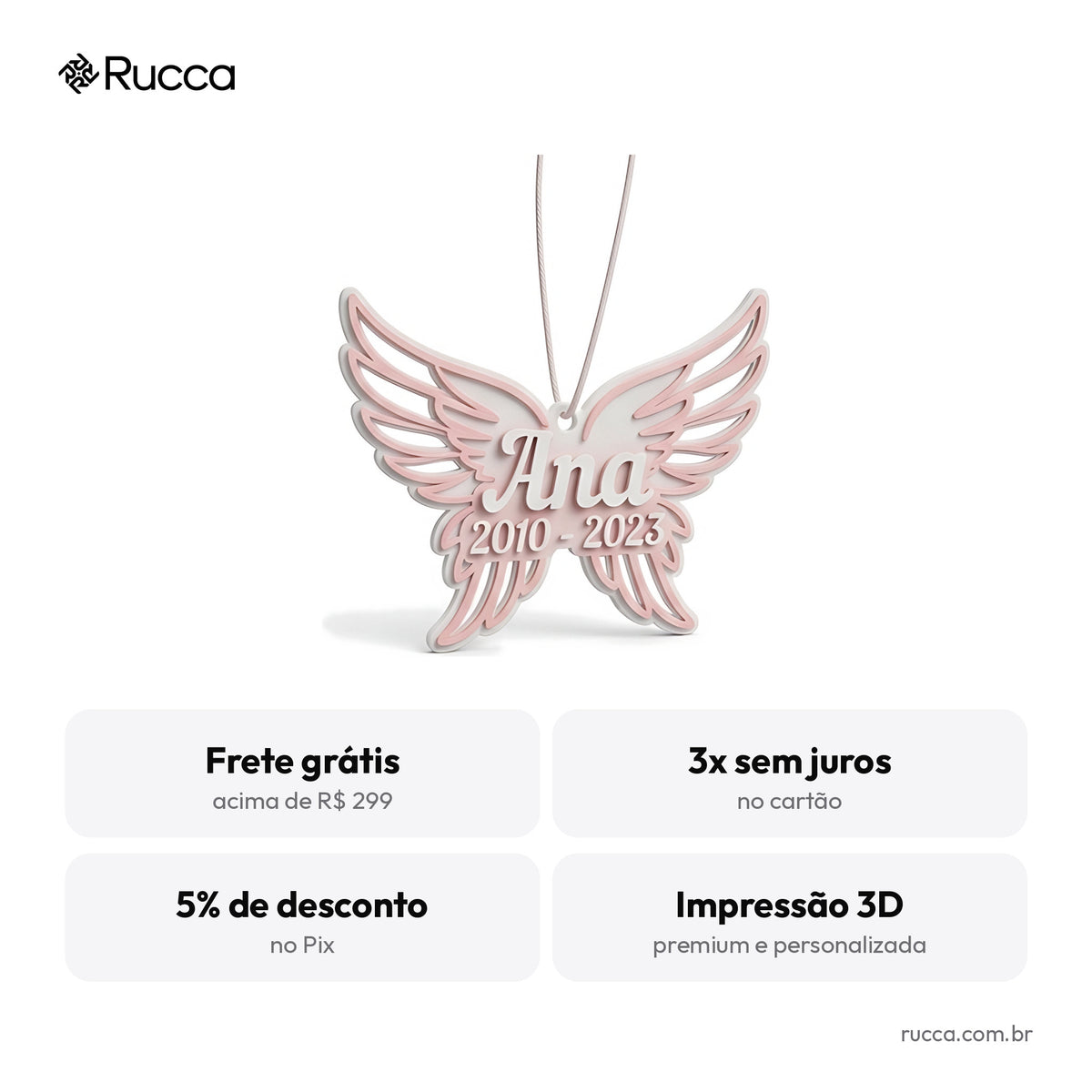 Enfeite memorial do pet com asas de anjo, nome e datas — Rucca 3D