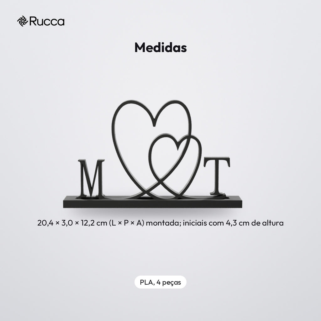 Escultura 2 Corações Entrelaçados com Iniciais do Casal: medidas