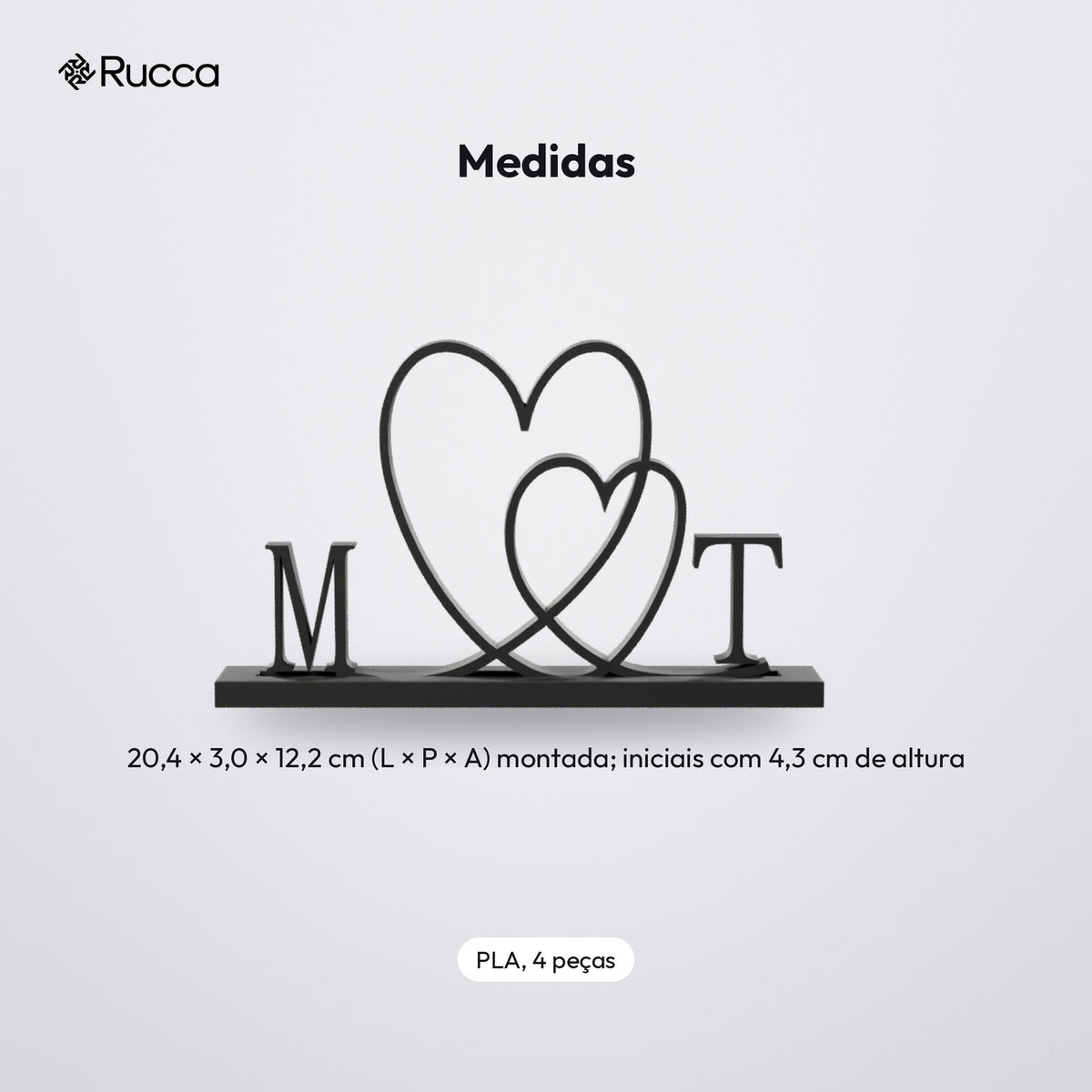 Escultura 2 Corações Entrelaçados com Iniciais do Casal: medidas