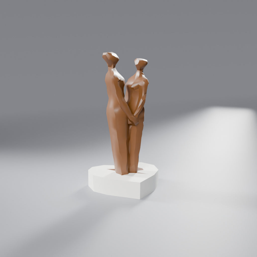 Escultura Casal de Mãos Dadas sobre Coração, Casal Marrom com base Branca