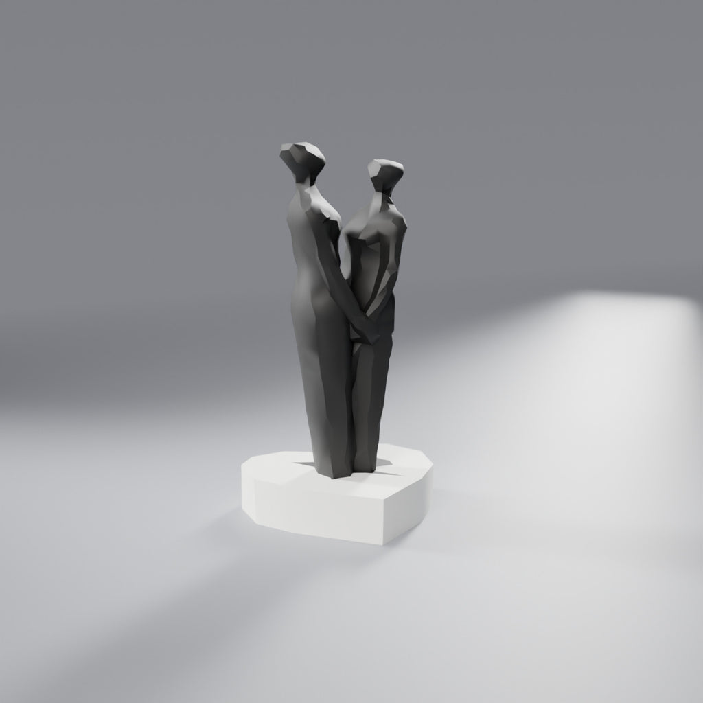 Escultura Casal de Mãos Dadas sobre Coração, Casal Preto com base Branca