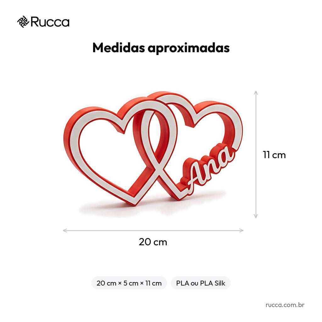 Escultura Corações Entrelaçados com Nomes do Casal — Rucca 3D