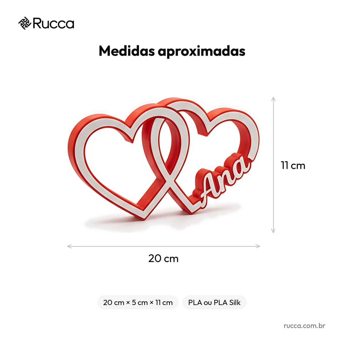 Escultura Corações Entrelaçados com Nomes do Casal — Rucca 3D