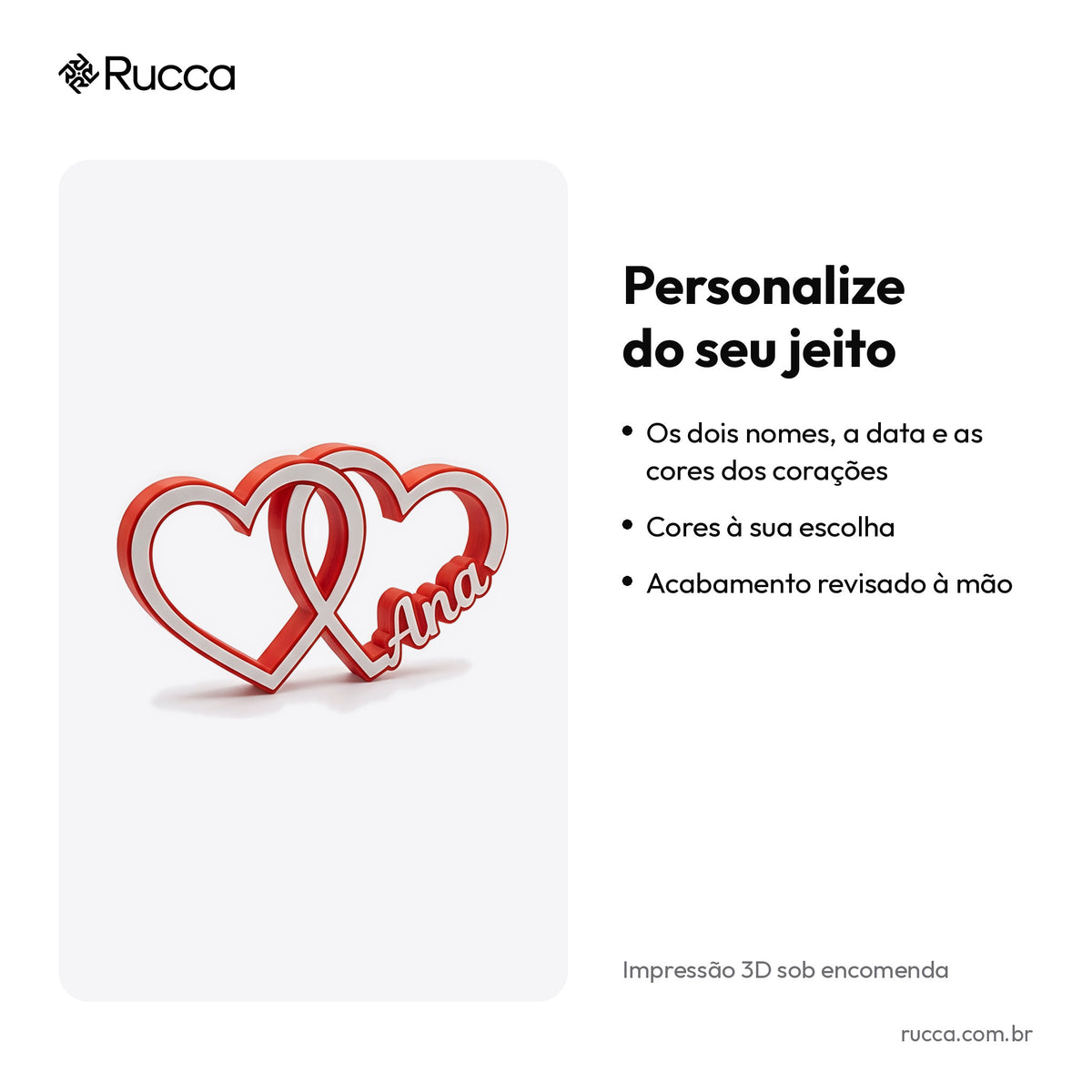 Escultura Corações Entrelaçados com Nomes do Casal — Rucca 3D