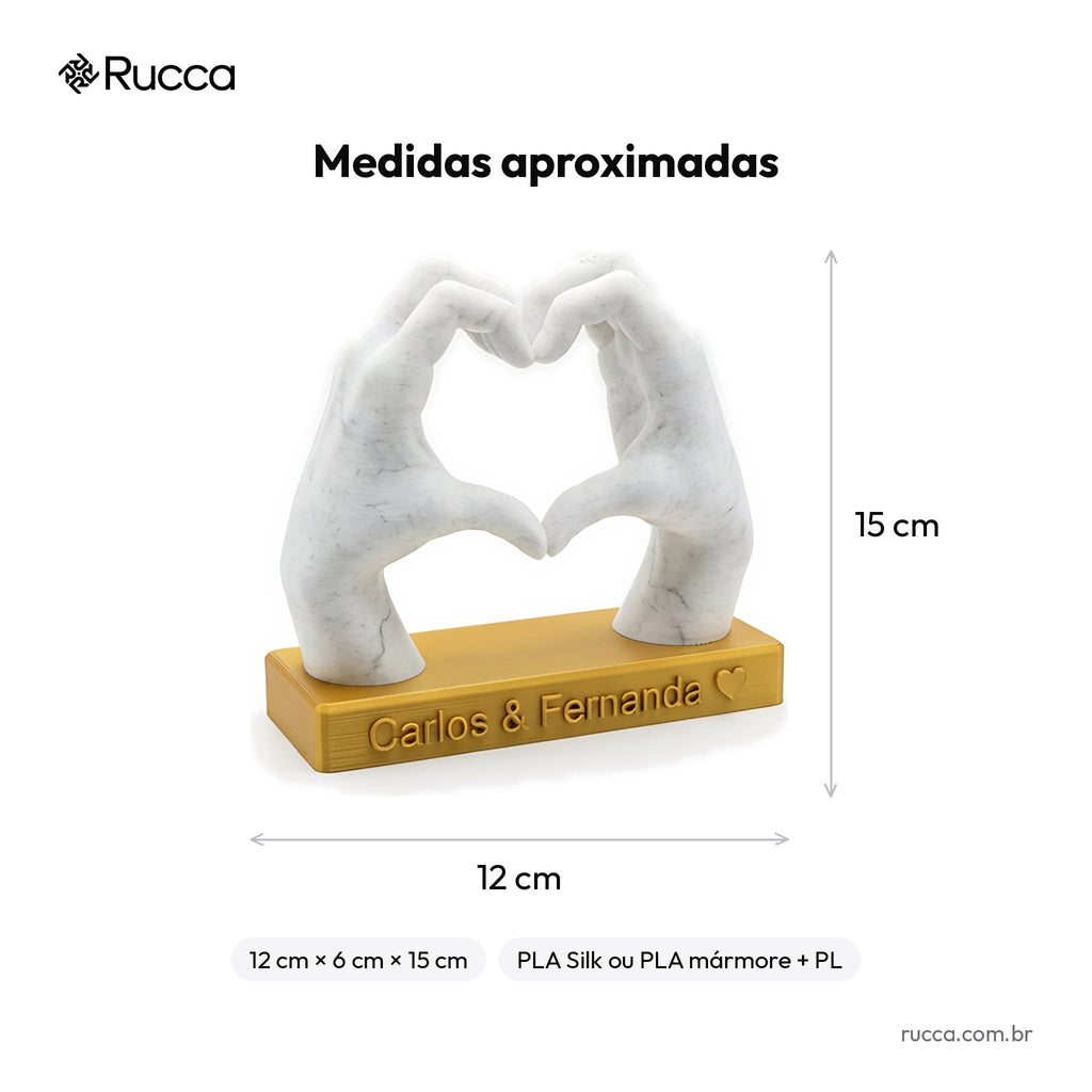 Escultura Mãos Formando Coração com Nomes — Rucca 3D