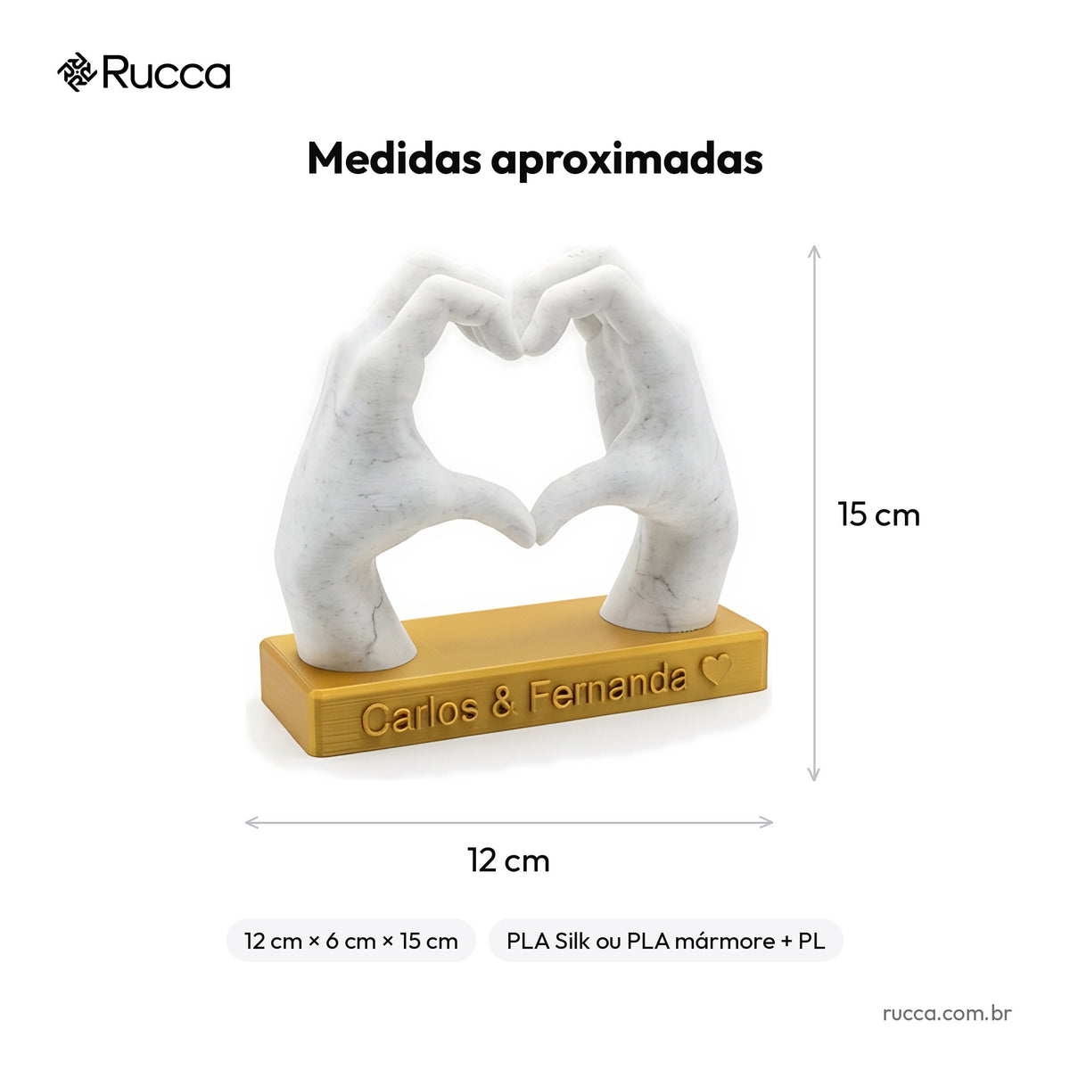 Escultura Mãos Formando Coração com Nomes — Rucca 3D