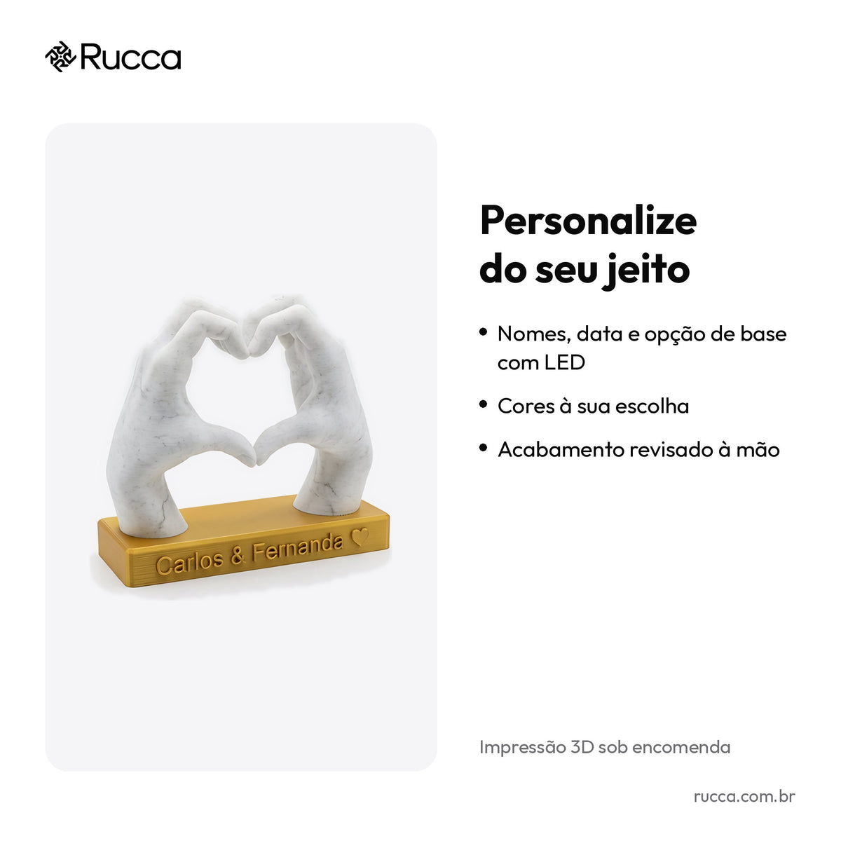 Escultura Mãos Formando Coração com Nomes — Rucca 3D