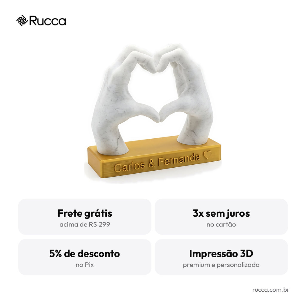 Escultura Mãos Formando Coração com Nomes — Rucca 3D