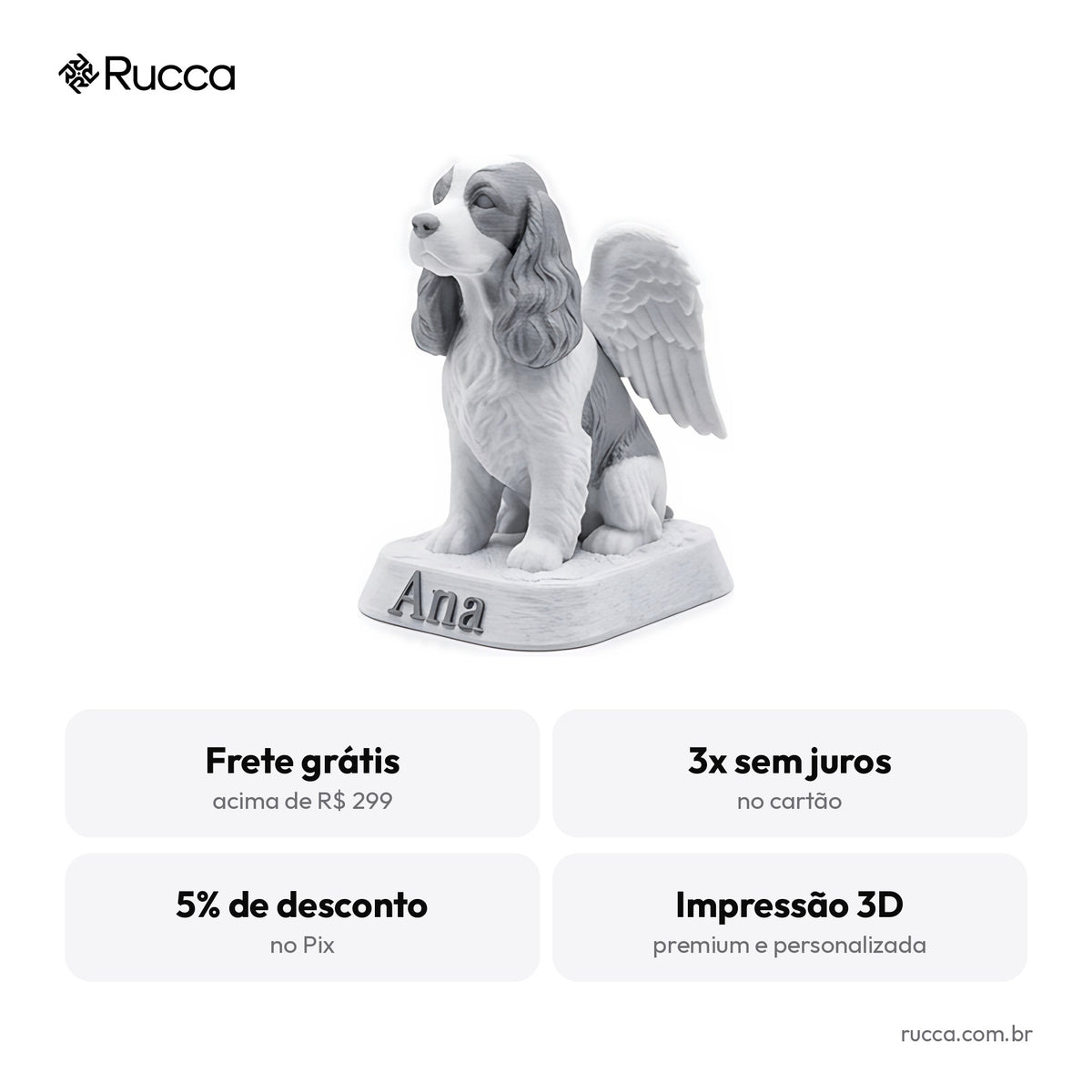 Estátua memorial de pet com asas de anjo e nome — Rucca 3D