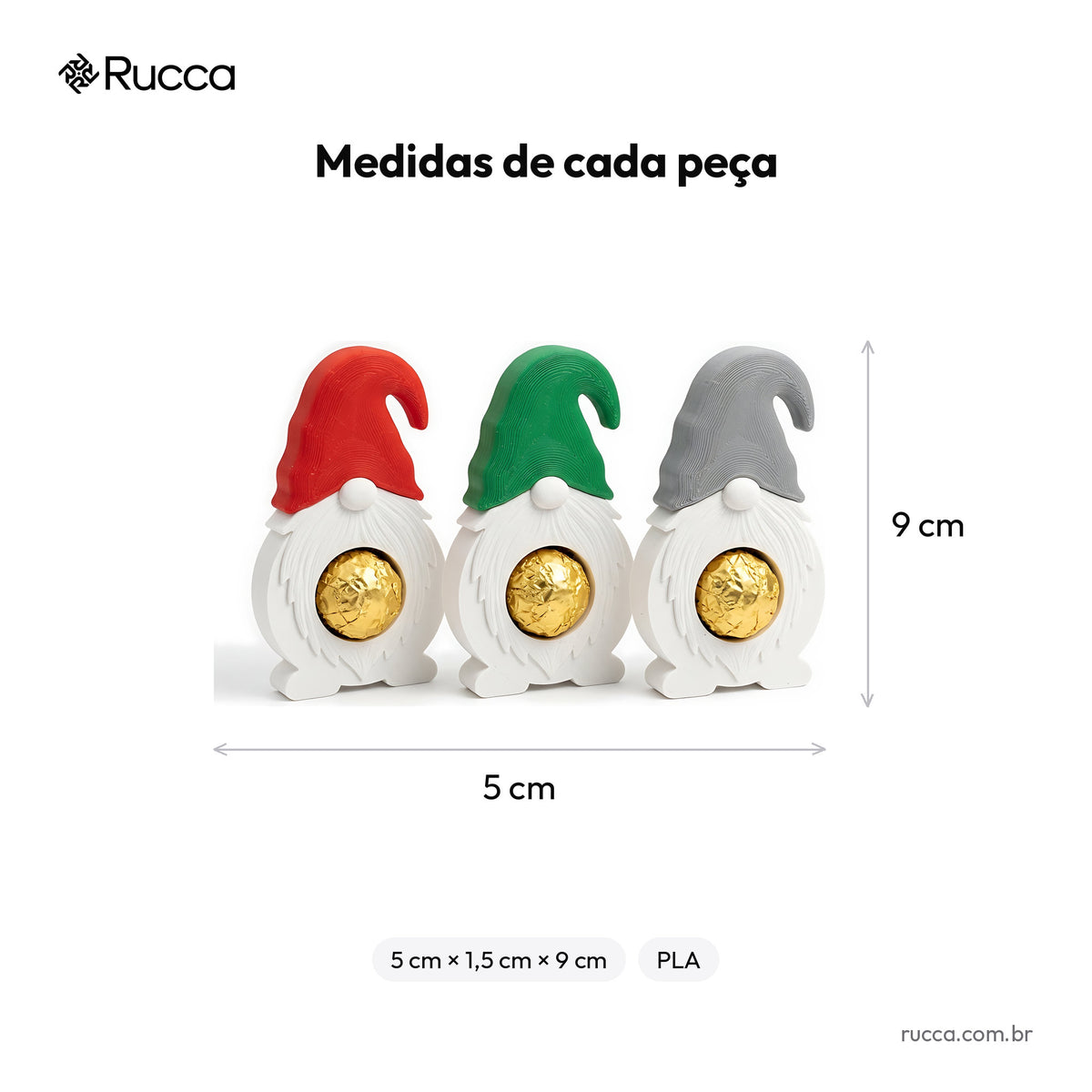 Kit 3 Gnomos de Natal Porta-Bombom — Rucca 3D