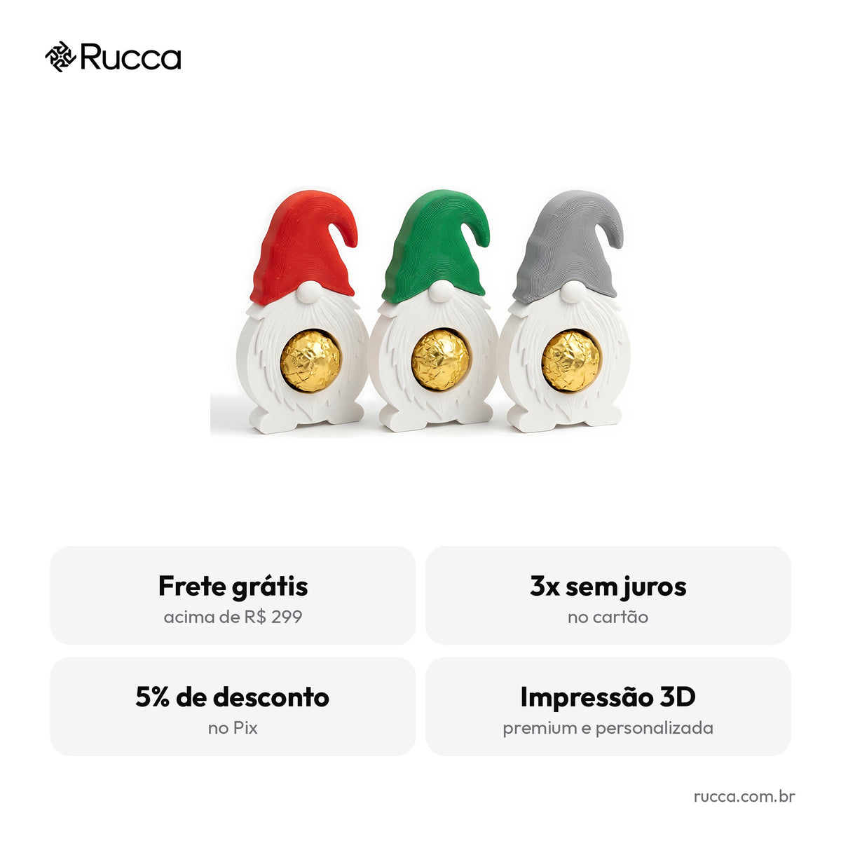 Kit 3 Gnomos de Natal Porta-Bombom — Rucca 3D