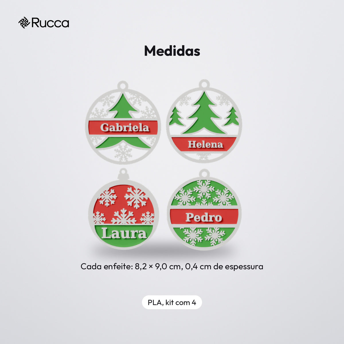Kit 4 Enfeites de Natal Personalizados com Nome: medidas
