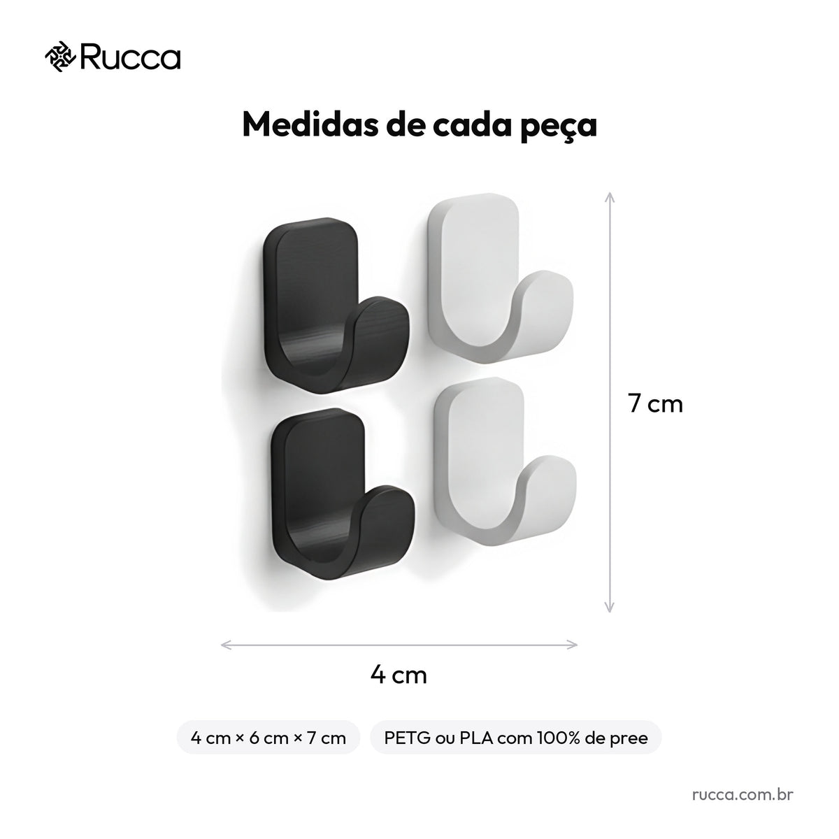 Kit 4 Ganchos de Parede Minimalistas — Rucca 3D
