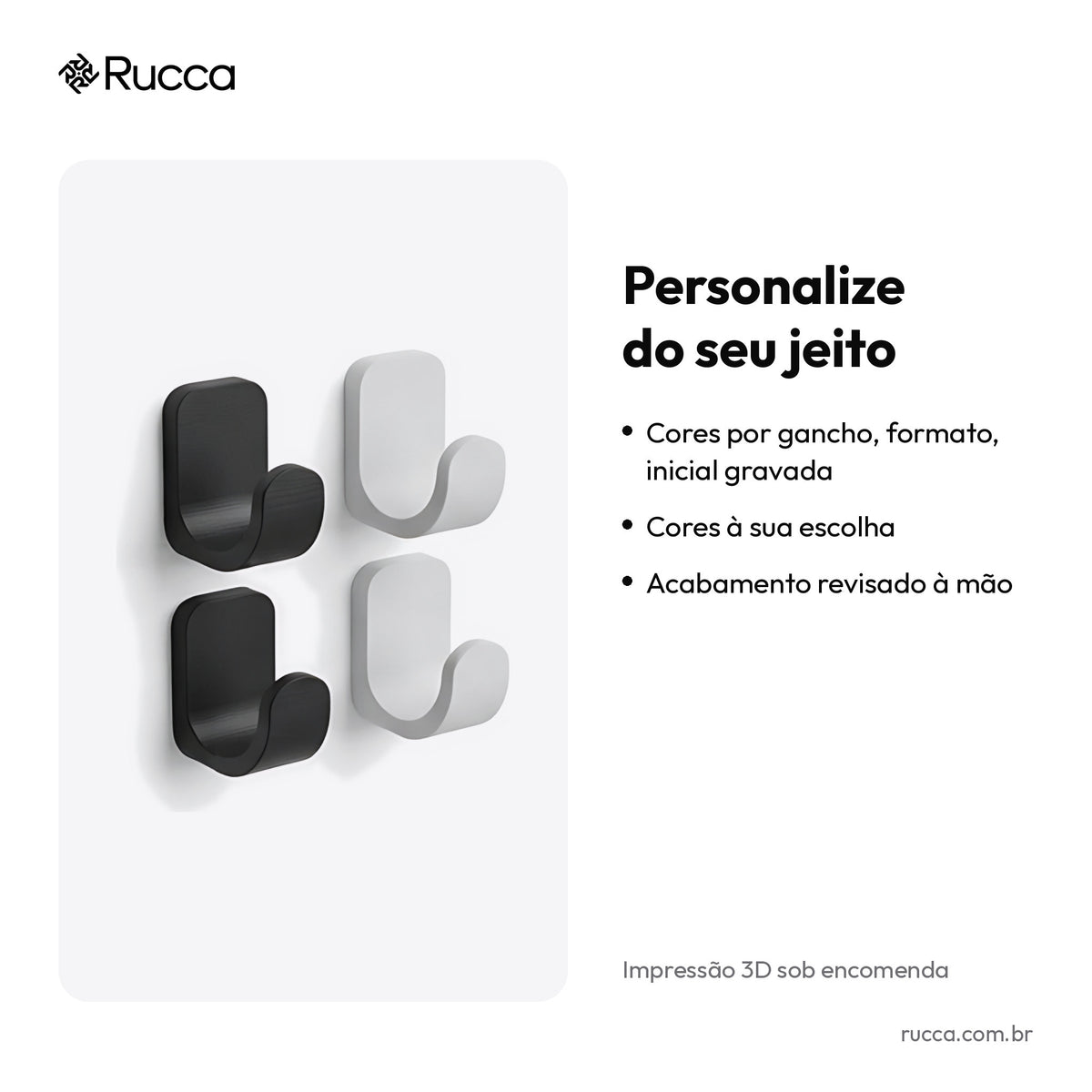 Kit 4 Ganchos de Parede Minimalistas — Rucca 3D