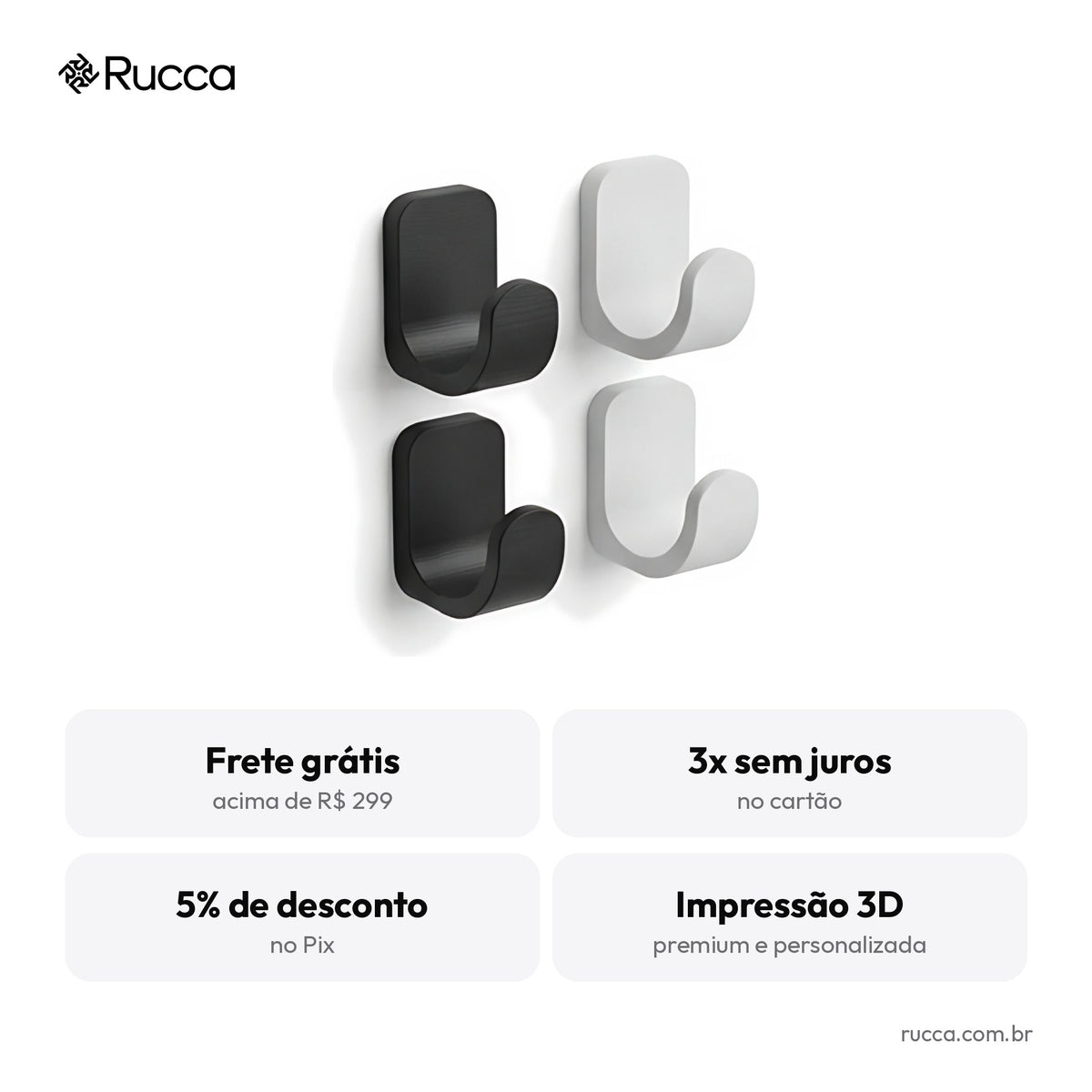 Kit 4 Ganchos de Parede Minimalistas — Rucca 3D