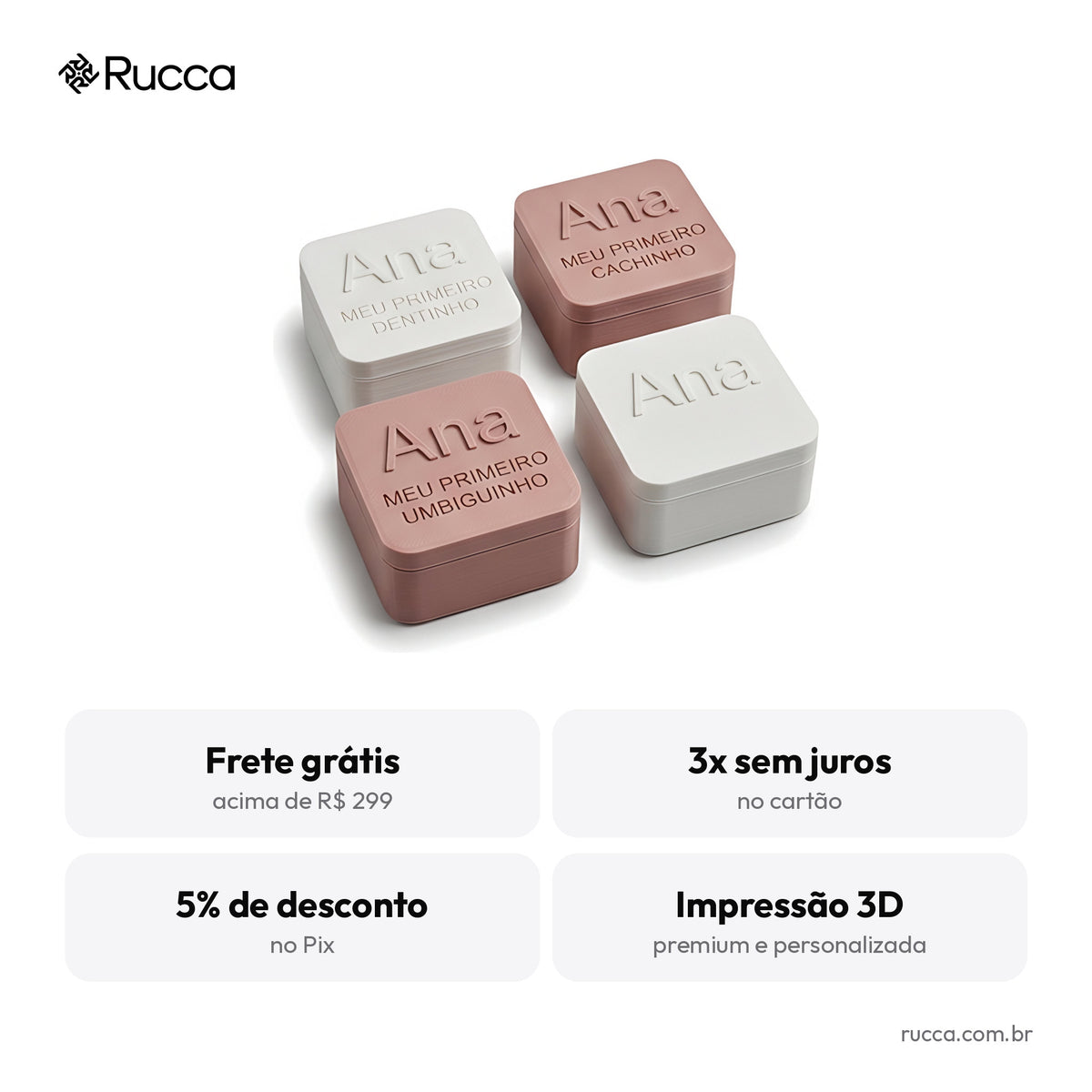 Kit caixinhas Meu Primeiro Dentinho, Cachinho e Umbiguinho — Rucca 3D