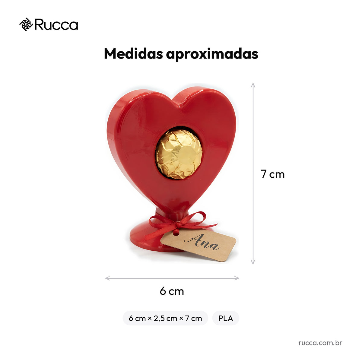 Lembrancinha Coração Porta-Bombom com Nome — medidas