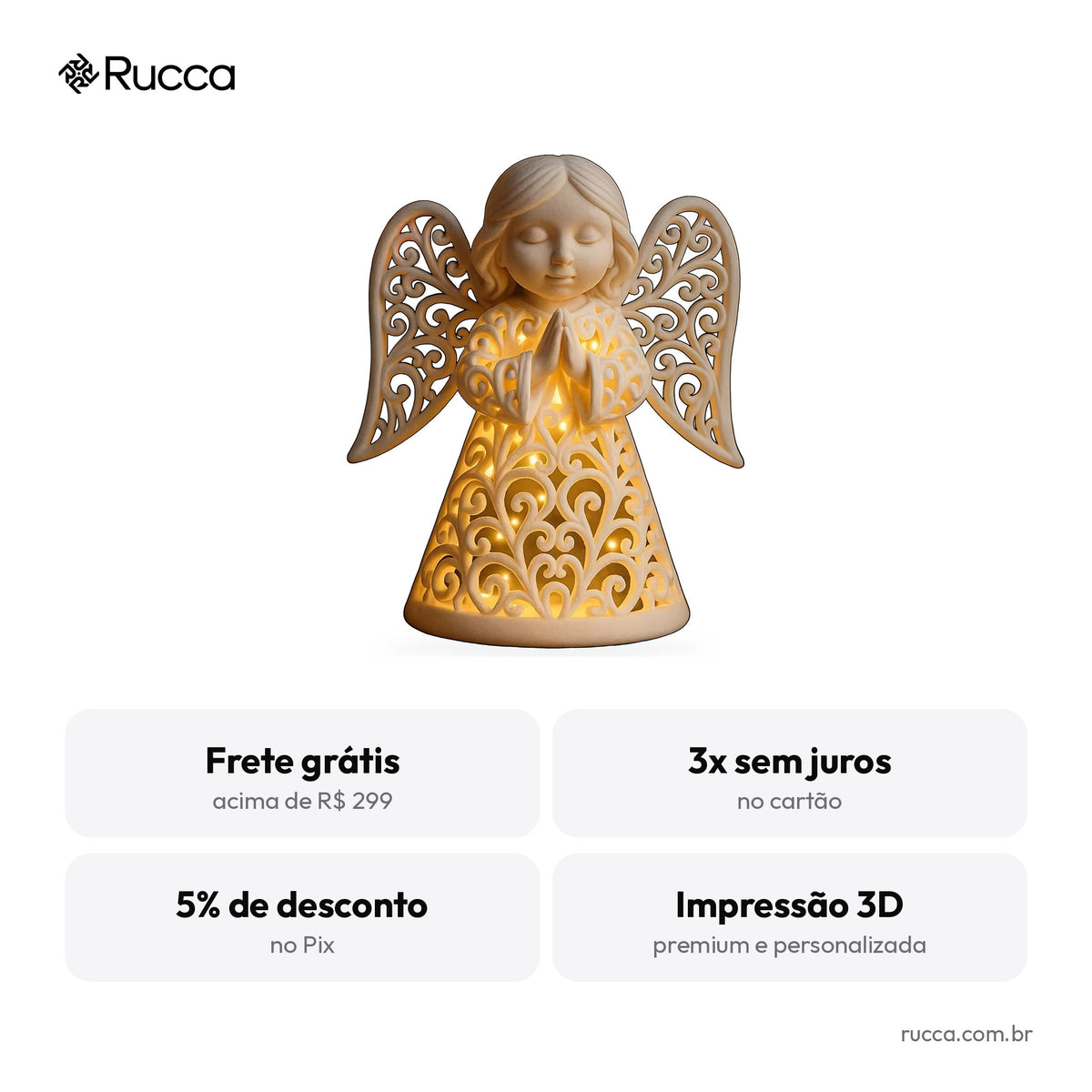 Luminária Anjo Filigrana com Saia Rendada — Rucca 3D