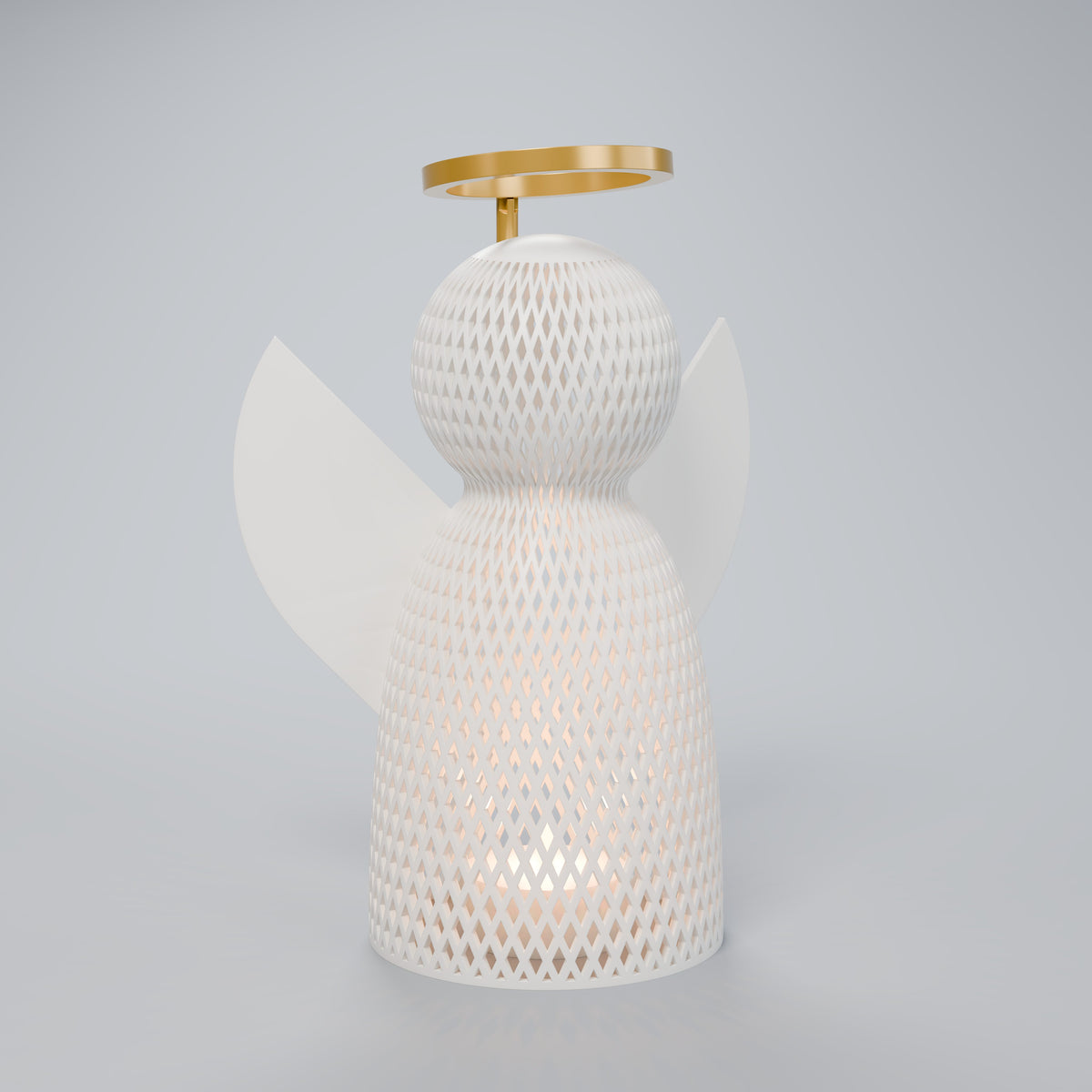 Luminária Anjo Vazado com Auréola Dourada, Médio (anjo 16 cm)