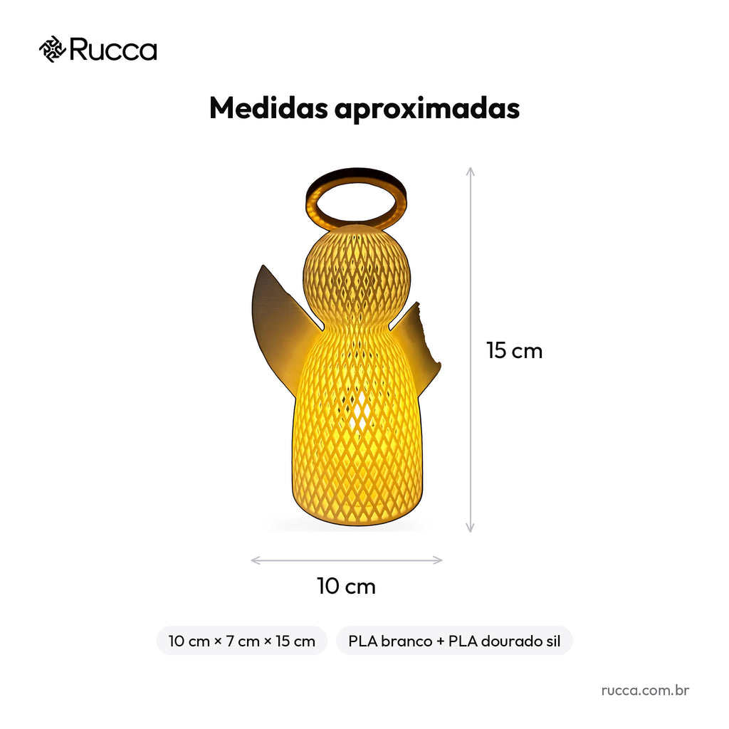 Luminária Anjo Vazado com Auréola Dourada (3 tamanhos) — Rucca 3D