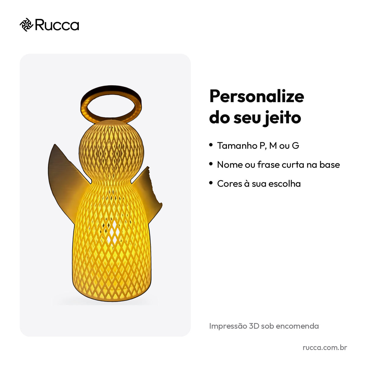 Luminária Anjo Vazado com Auréola Dourada (3 tamanhos) — Rucca 3D