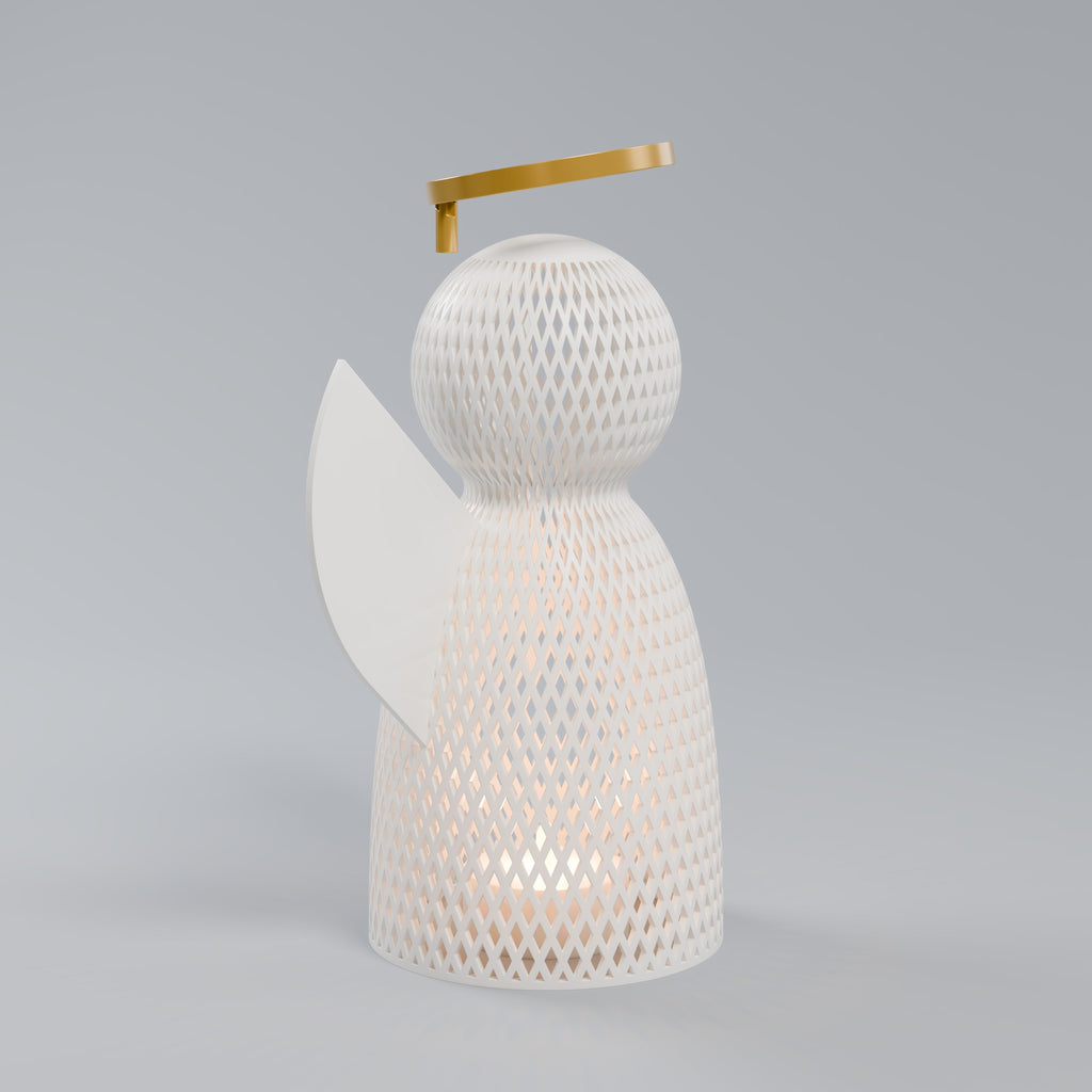 Luminária Anjo Vazado com Auréola Dourada, vista lateral