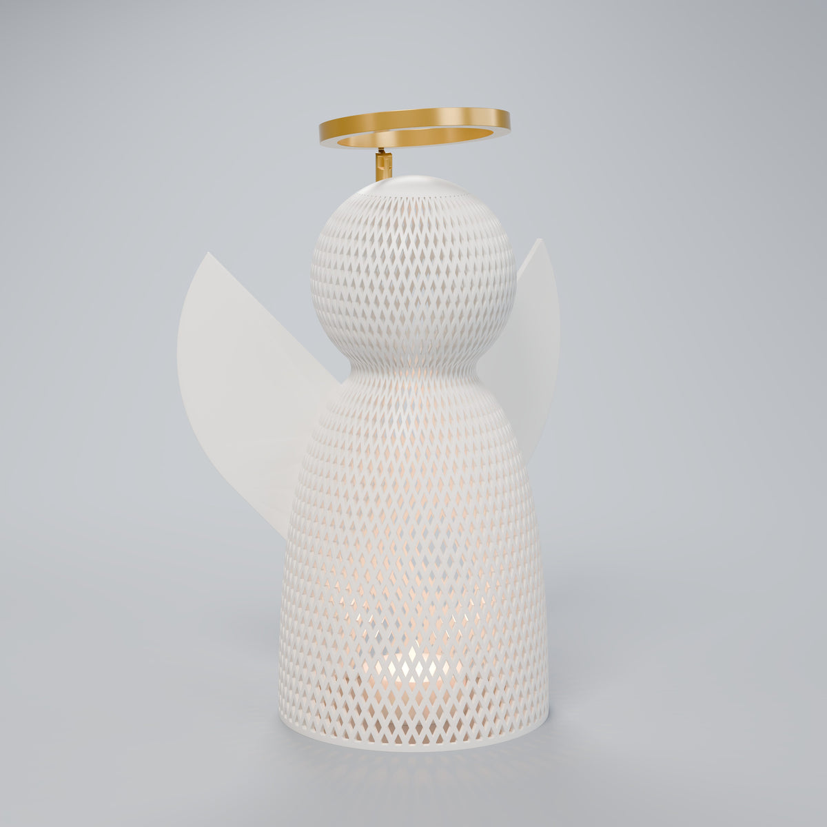 Luminária Anjo Vazado com Auréola Dourada, Grande (anjo 19,5 cm)
