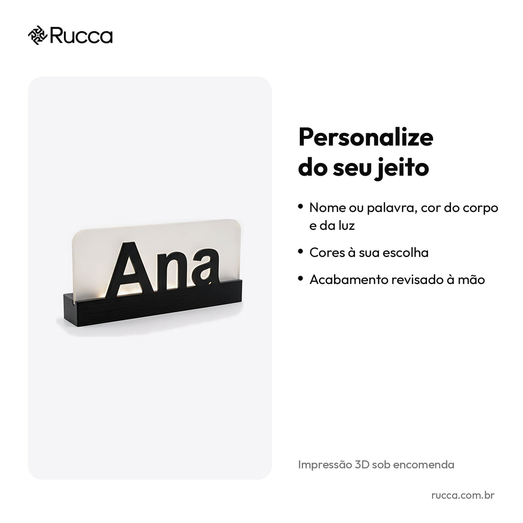 Luminária com Nome em LED (Letreiro Luminoso de Mesa) — Rucca 3D