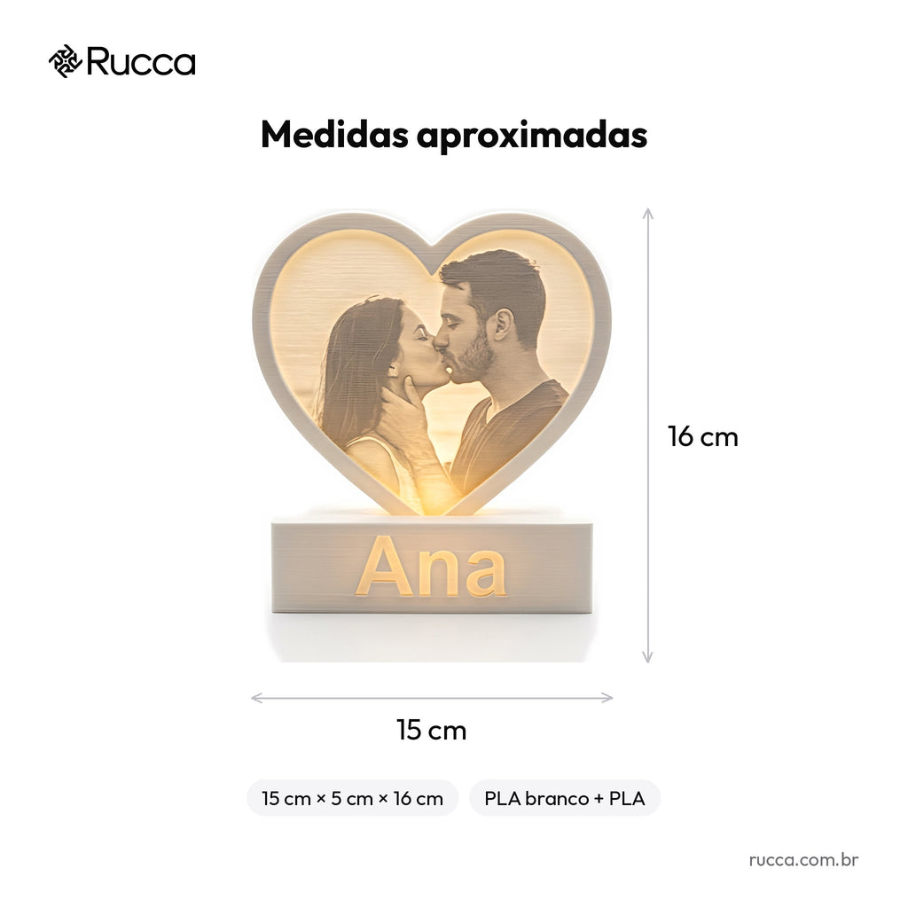 Luminária Coração Litofania com Foto e Nomes — Rucca 3D