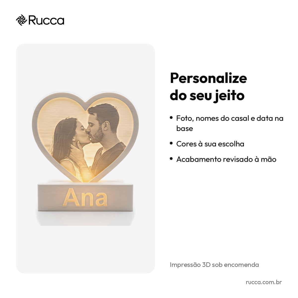 Luminária Coração Litofania com Foto e Nomes — Rucca 3D