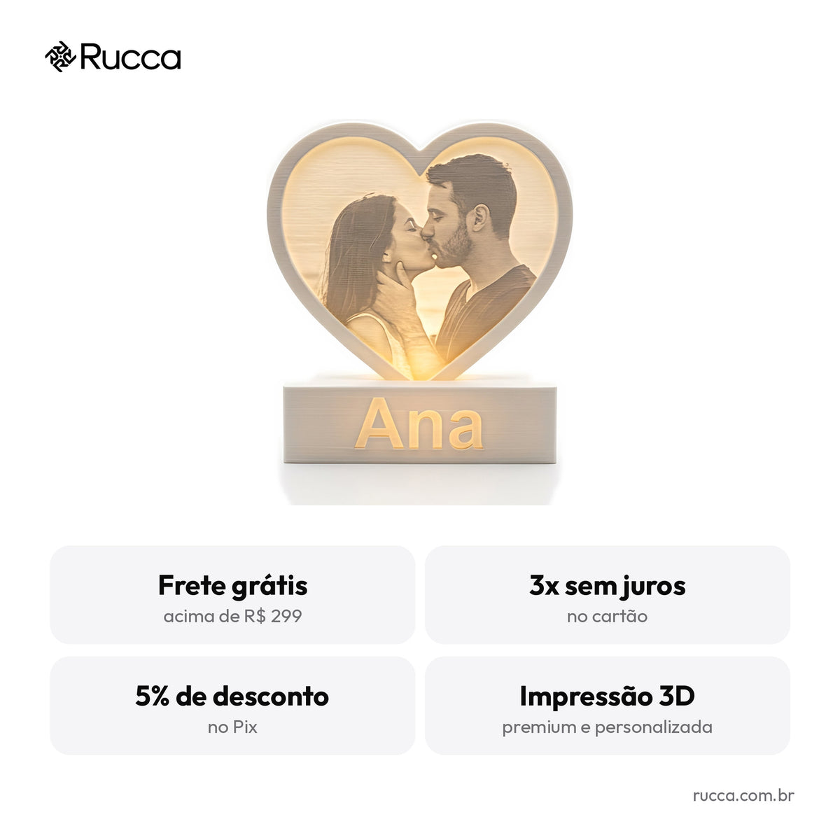 Luminária Coração Litofania com Foto e Nomes — Rucca 3D