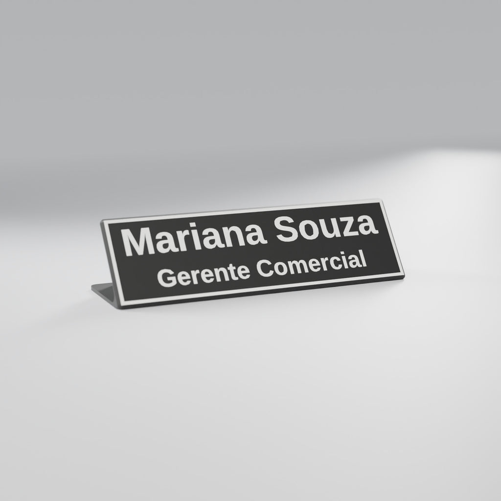 Placa de Mesa com Nome e Cargo, Porta-Canetas e Porta-Cartões, Preto com texto Branco