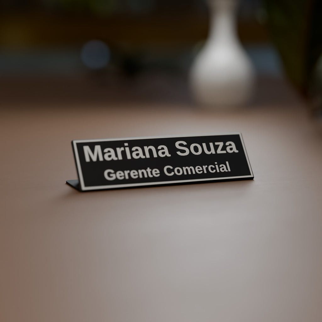 Placa de Mesa com Nome e Cargo, Porta-Canetas e Porta-Cartões decorando o ambiente
