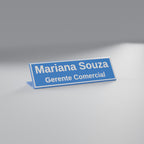 Placa de Mesa com Nome e Cargo, Porta-Canetas e Porta-Cartões, Azul Perolado com texto Branco