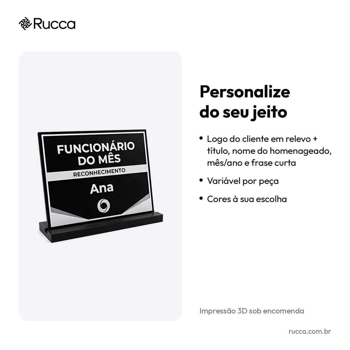 Placa de Reconhecimento Funcionário do Mês com Logo — Rucca 3D