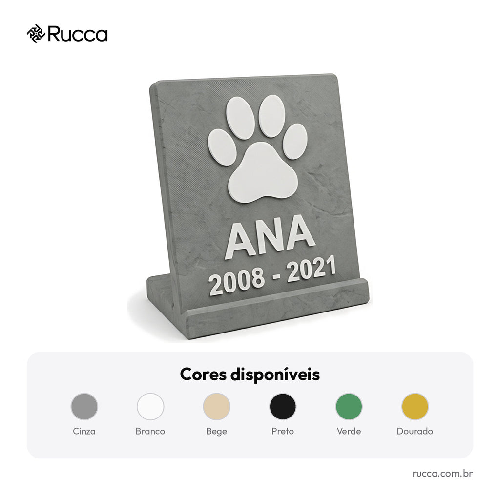 Placa memorial de jardim ou estante com patinha, nome e datas — Rucca 3D