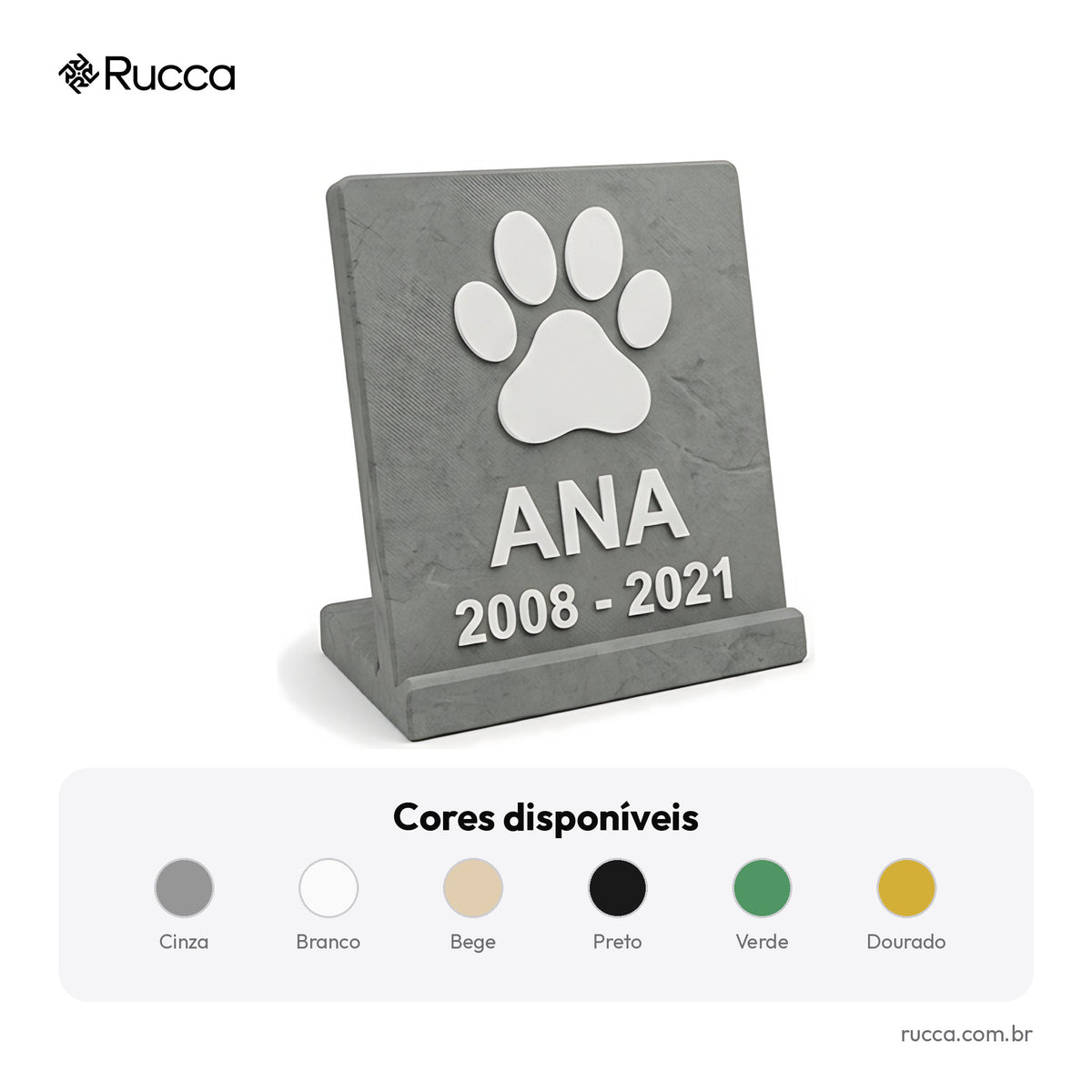 Placa memorial de jardim ou estante com patinha, nome e datas — Rucca 3D