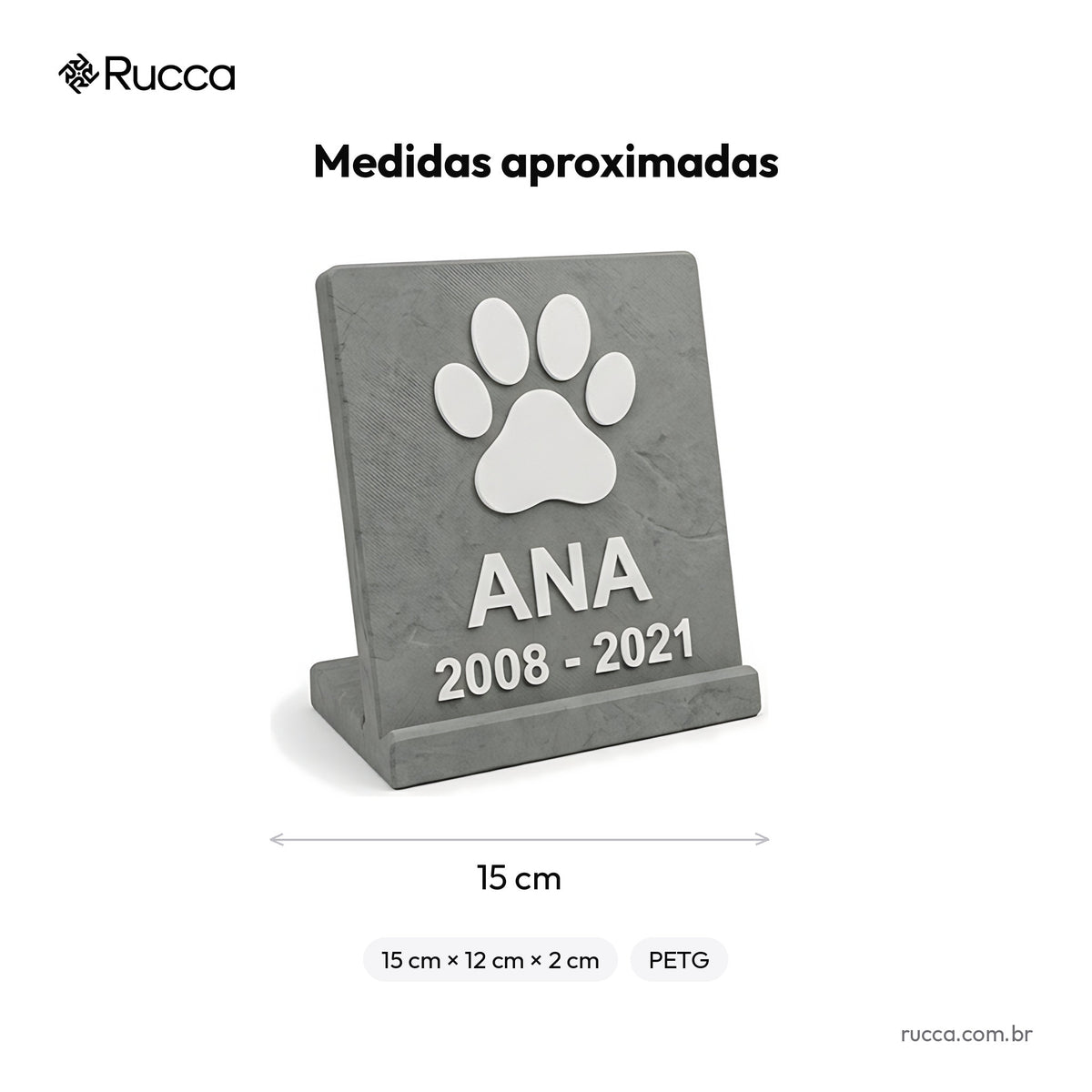 Placa memorial de jardim ou estante com patinha, nome e datas — Rucca 3D