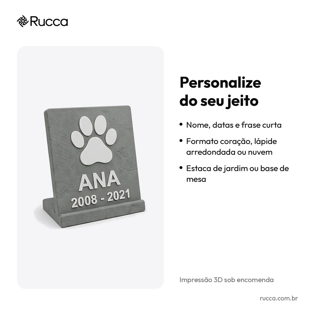 Placa memorial de jardim ou estante com patinha, nome e datas — Rucca 3D