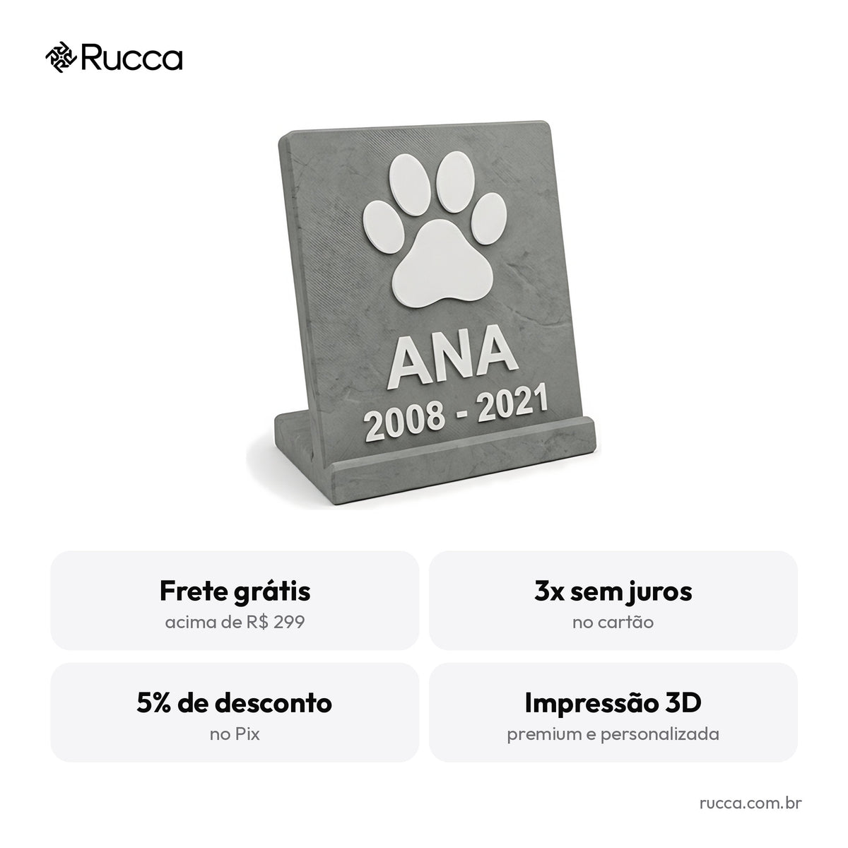 Placa memorial de jardim ou estante com patinha, nome e datas — Rucca 3D