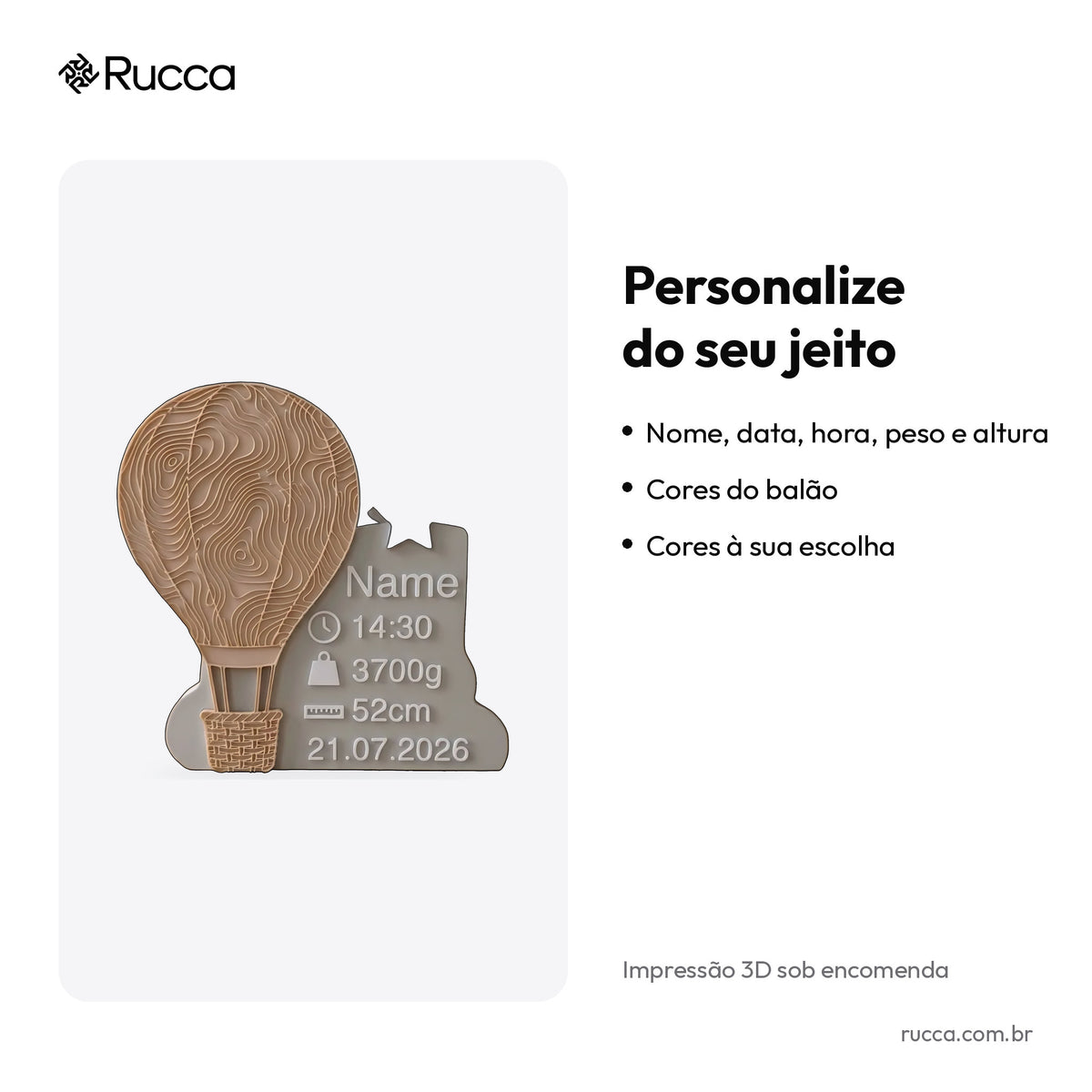 Plaquinha de Nascimento Balão de Ar Quente — Rucca 3D