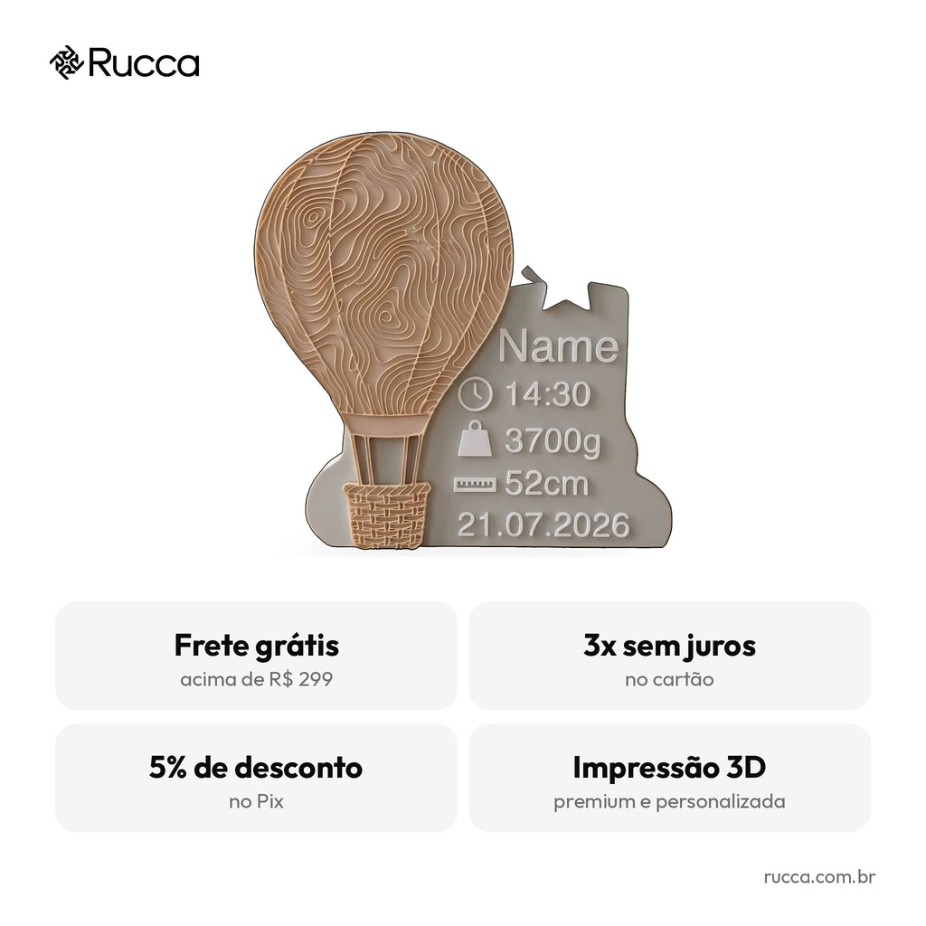 Plaquinha de Nascimento Balão de Ar Quente — Rucca 3D