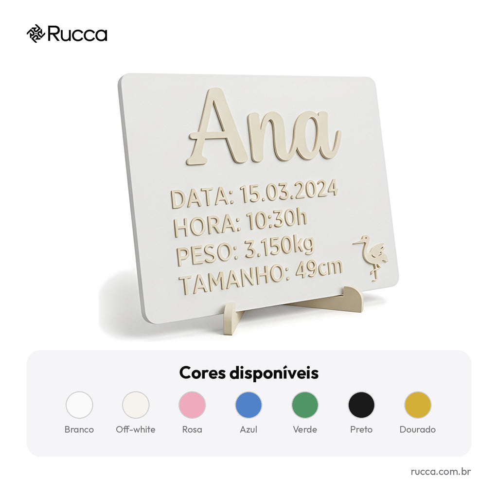 Plaquinha de nascimento com dados (nome, data, hora, peso e altura) — Rucca 3D