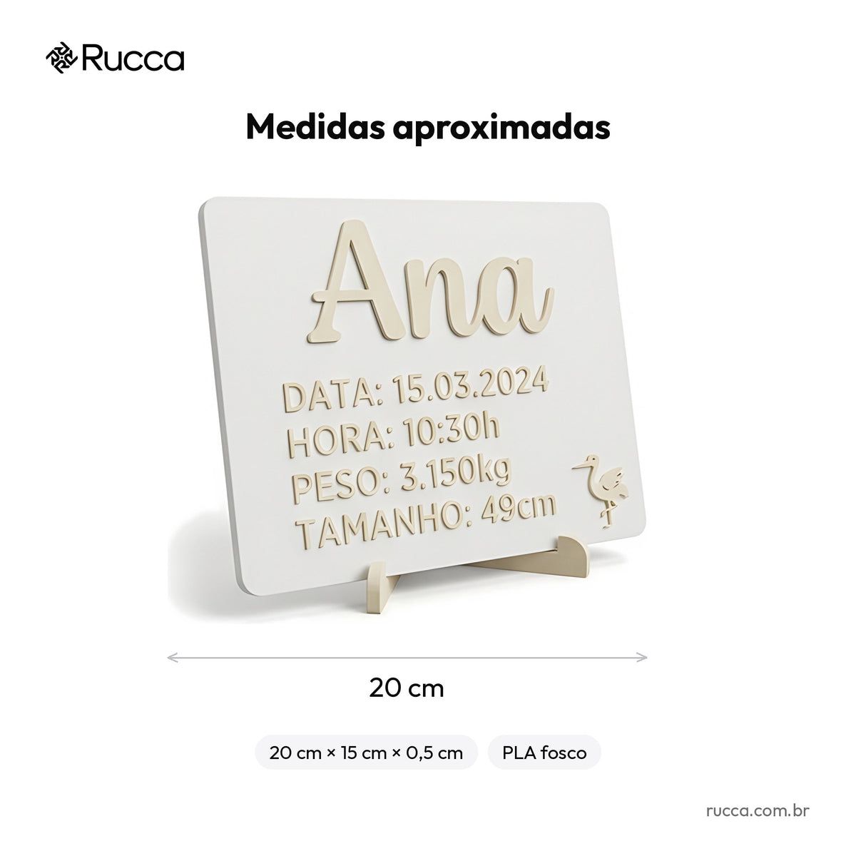 Plaquinha de nascimento com dados (nome, data, hora, peso e altura) — Rucca 3D