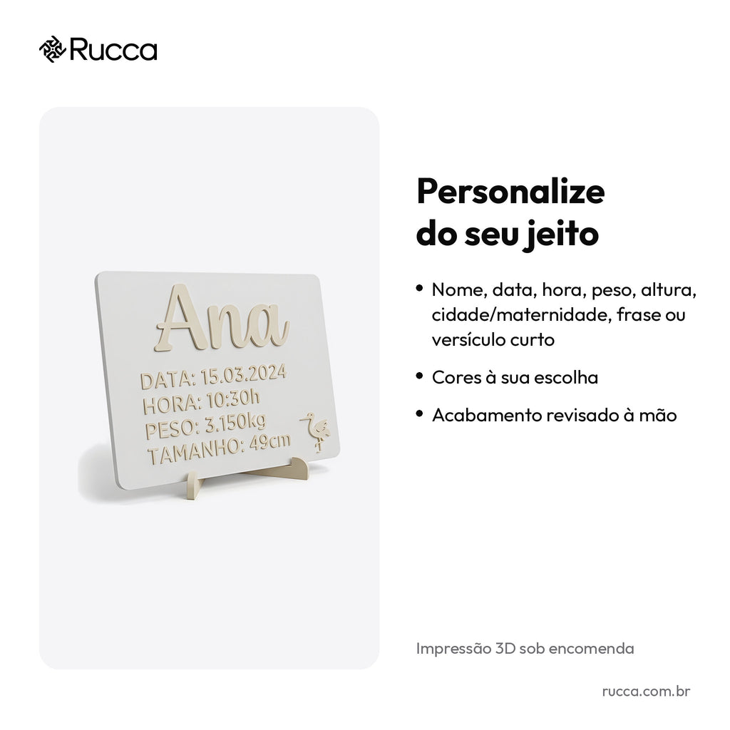 Plaquinha de nascimento com dados (nome, data, hora, peso e altura) — Rucca 3D