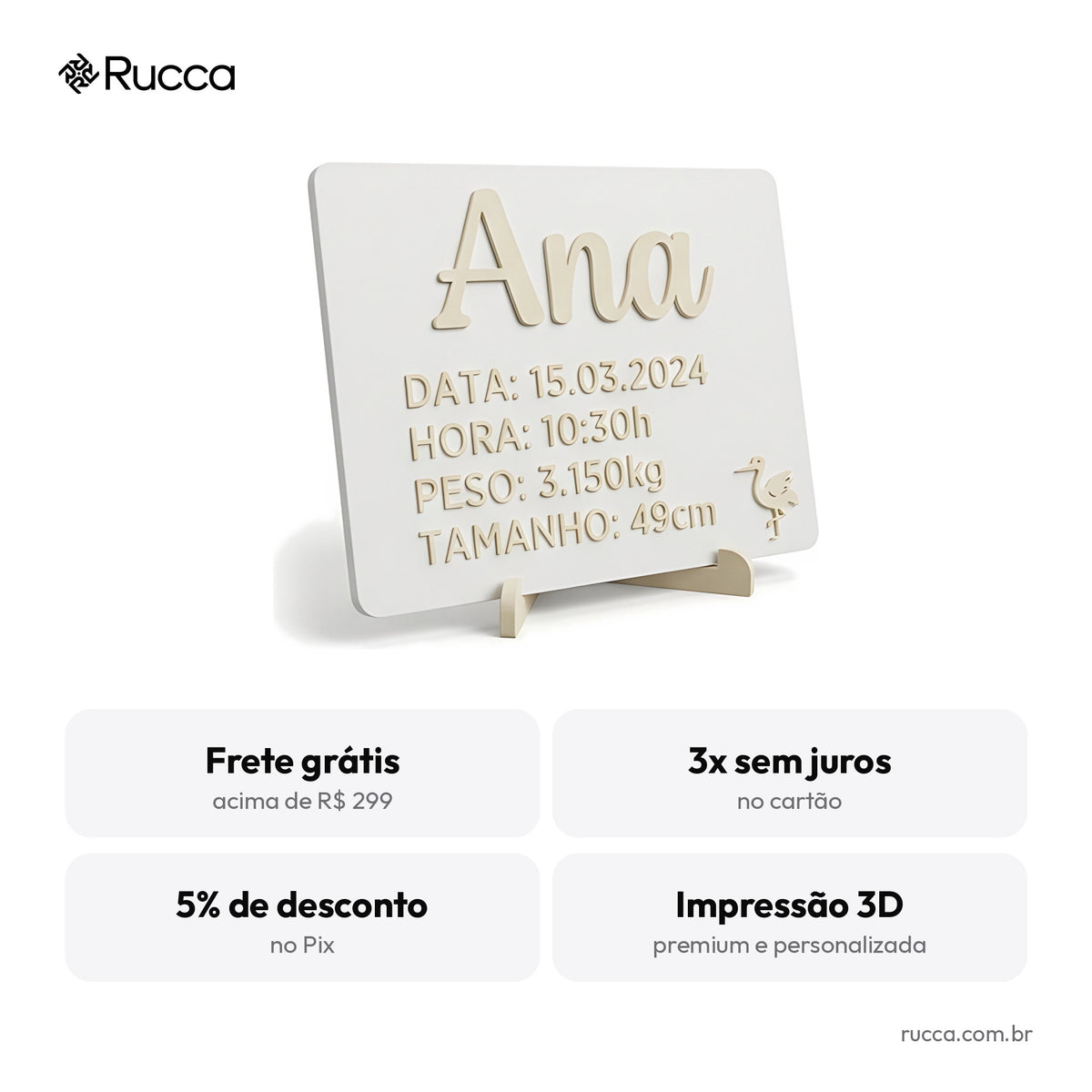 Plaquinha de nascimento com dados (nome, data, hora, peso e altura) — Rucca 3D