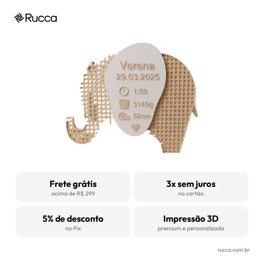 Plaquinha de Nascimento Elefantinho — Rucca 3D