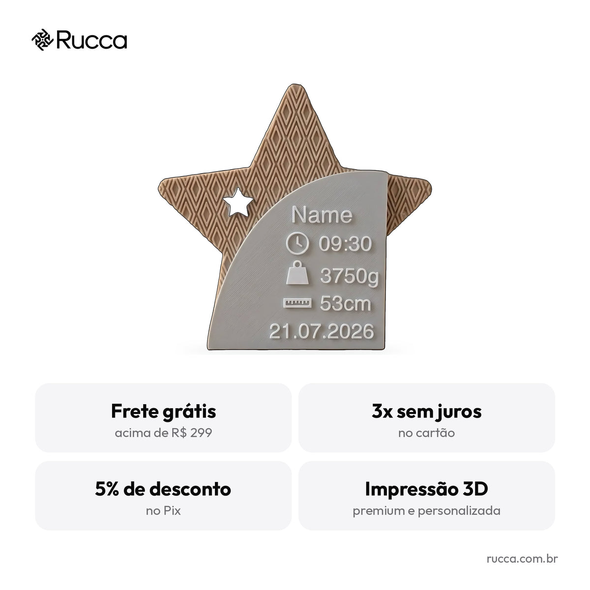 Plaquinha de Nascimento Estrela — Rucca 3D