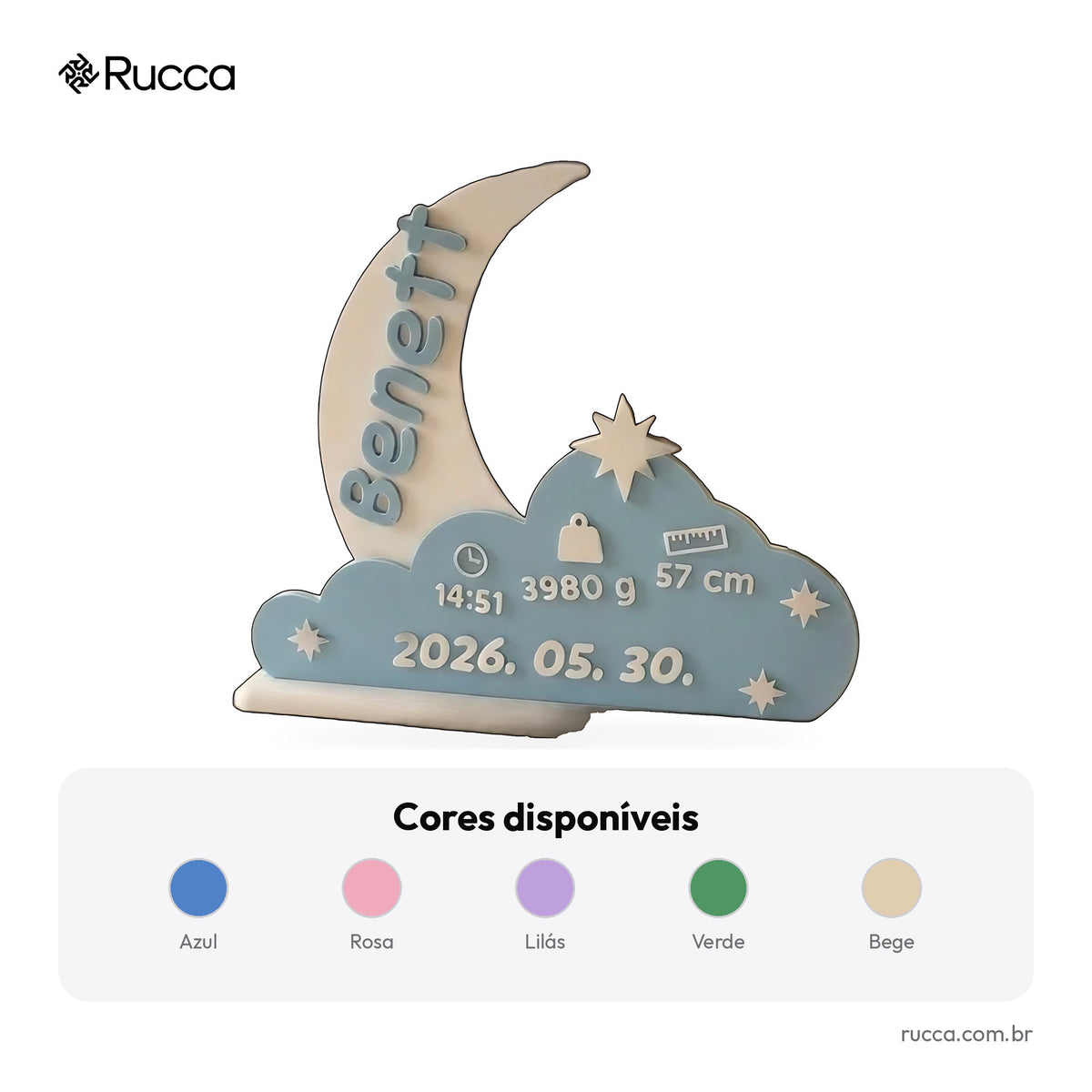 Plaquinha de Nascimento Lua e Nuvem Azul — Rucca 3D